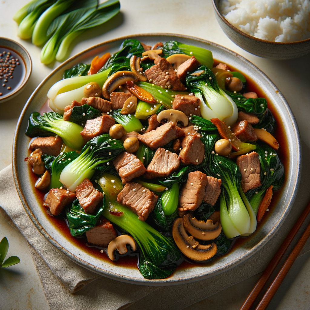 Pork Stir Fry with Bok Choy, Water Chestnuts, and Mushrooms Recipe