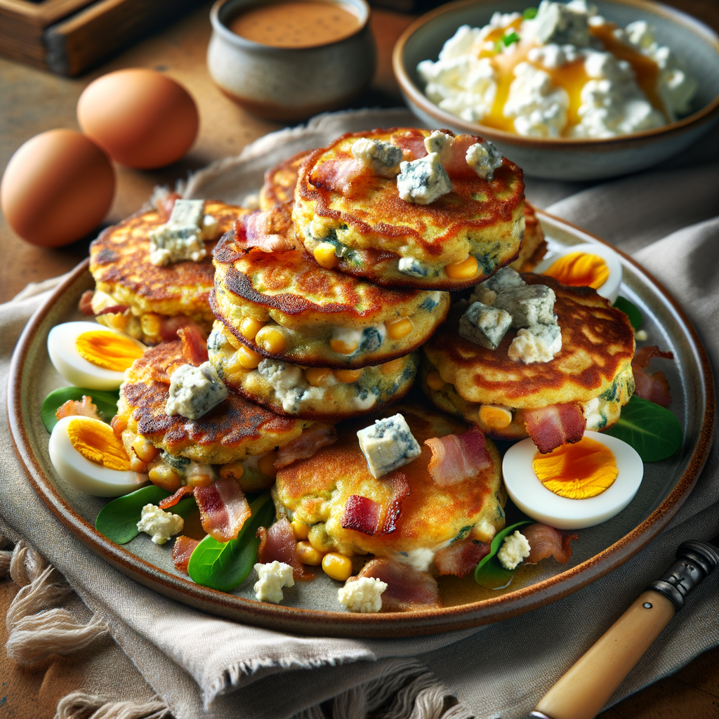 Bacon and Blue Cheese Corn Cakes Recipe with Egg Whites and Salad Dressing