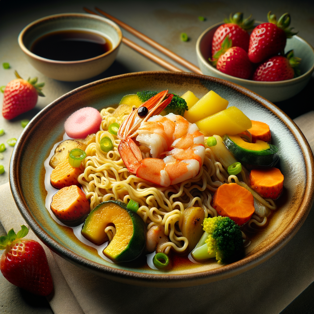 Ramen Shrimp Stir Fry with Sweet Potato and Strawberry