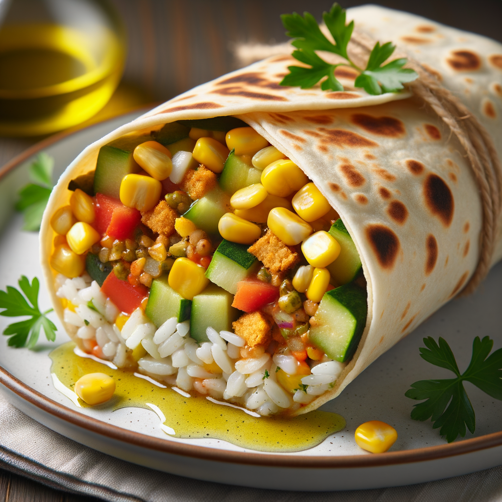 Flatbread Veggie Wrap with Corn, Rice, and Crumbled Bread